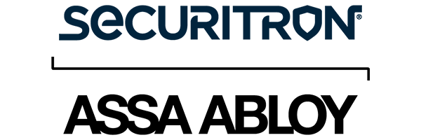 Logos Securitron et ASSA ABLOY en bleu et noir sur fond blanc