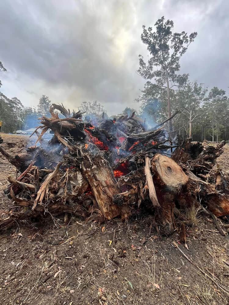 A Pile of Charred Logs Rests in the Center of a Grassy Field — BeCivil in Berry, NSW