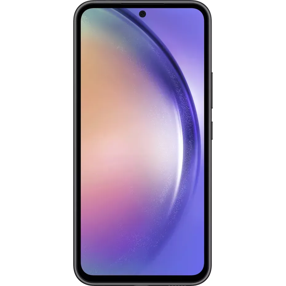 The front of a black phone with a purple screen.