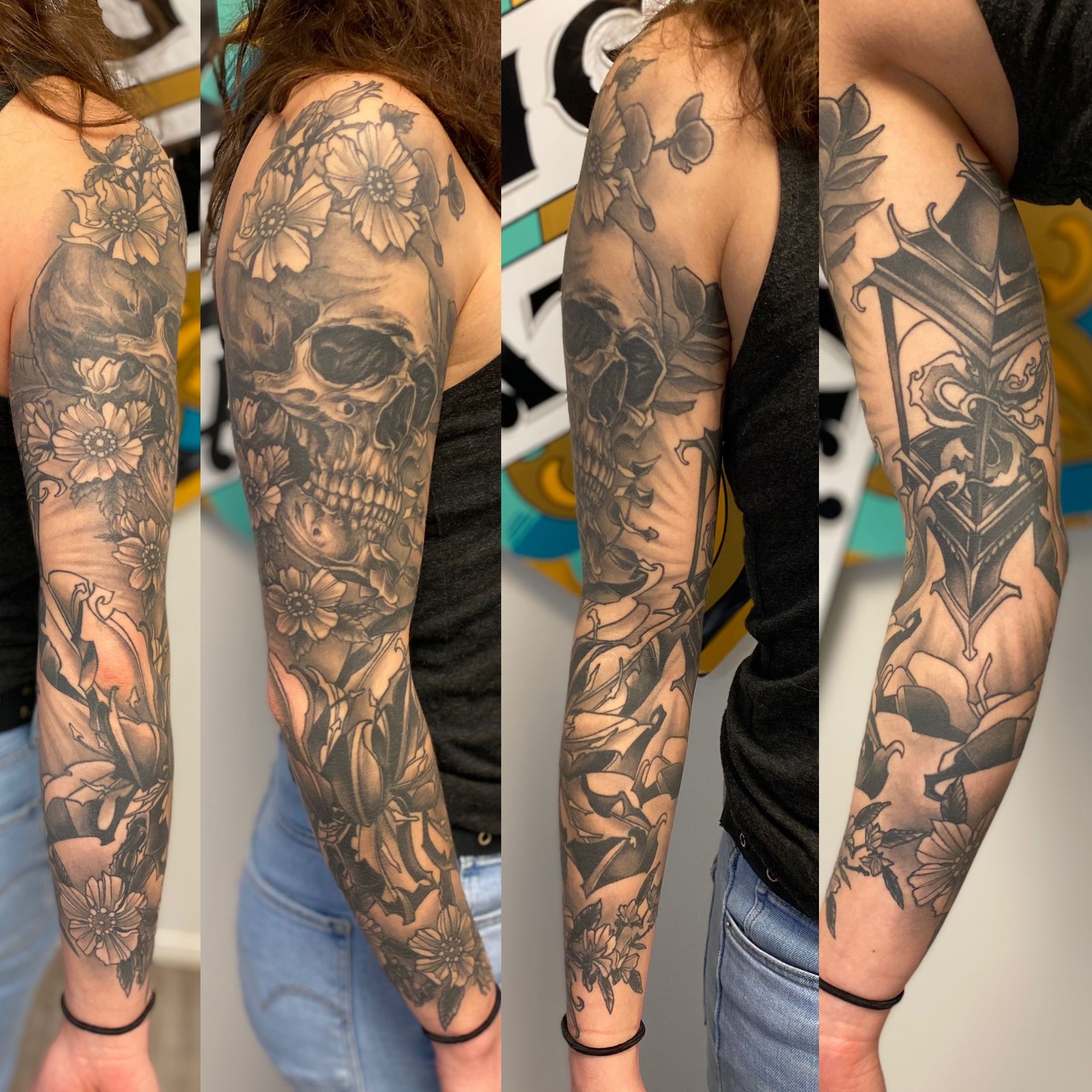 Skull and Floral Sleeve by Brain Dangerfield at Black Gold Tattoo Co in Edmonton Alberta Canada