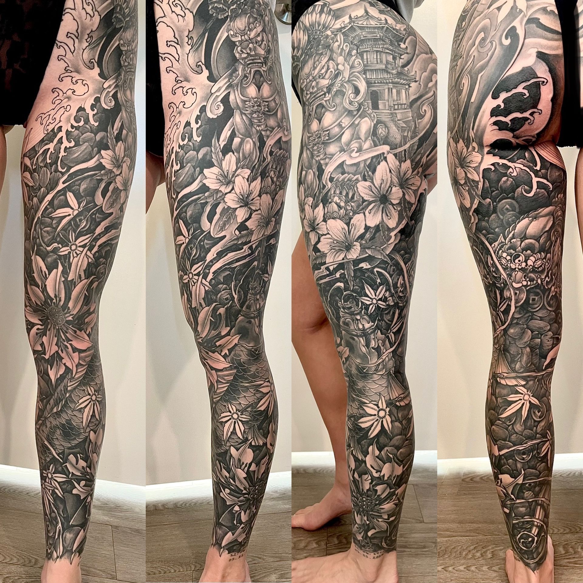 Fudog, Temple and Koi Leg Sleeve by Brain Dangerfield at Black Gold Tattoo Co in Edmonton Alberta Canada