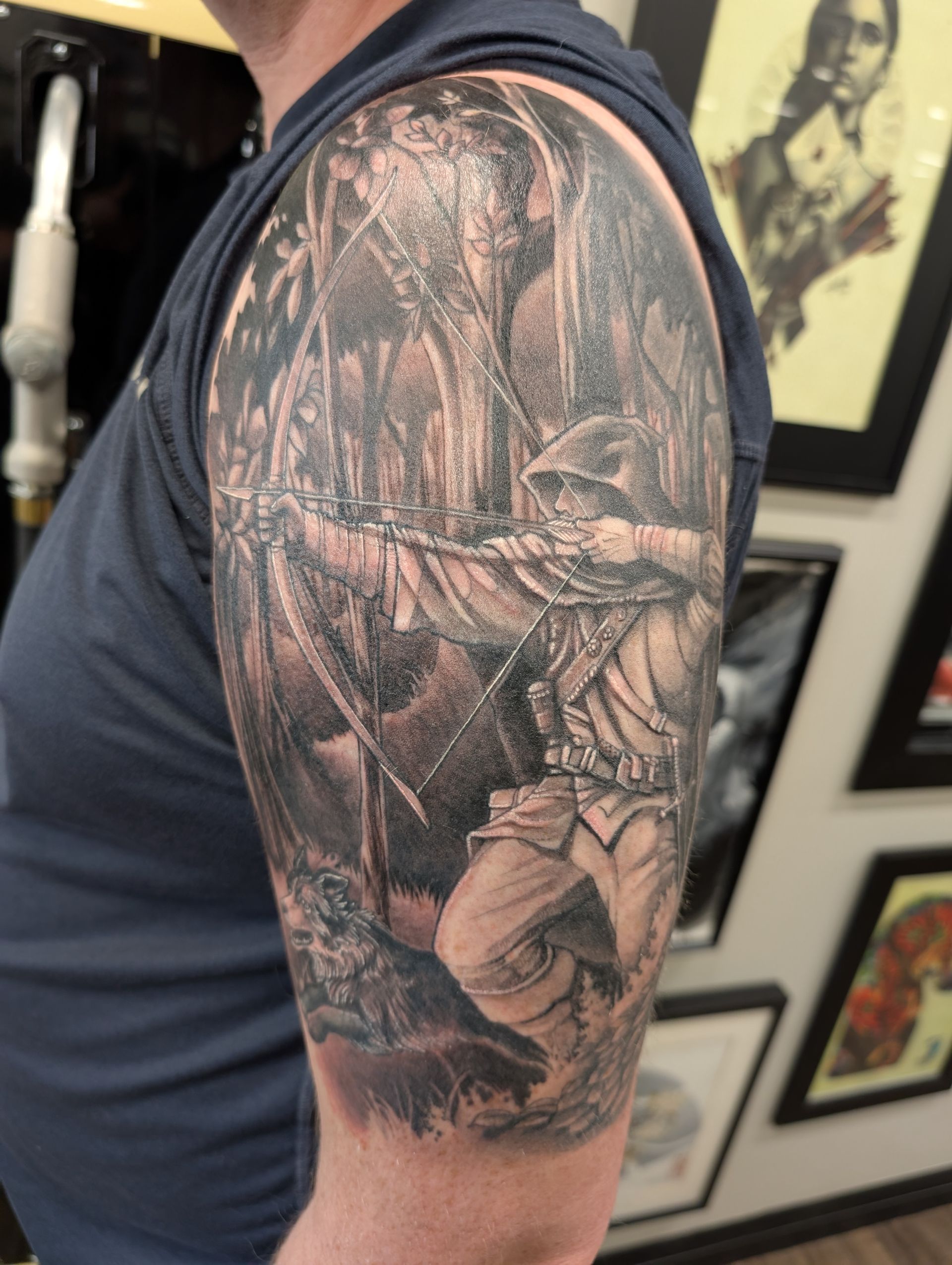 Archer and Dog Tattoo by Kevin Sherritt at Black Gold Tattoo Co in Edmonton Alberta Canada