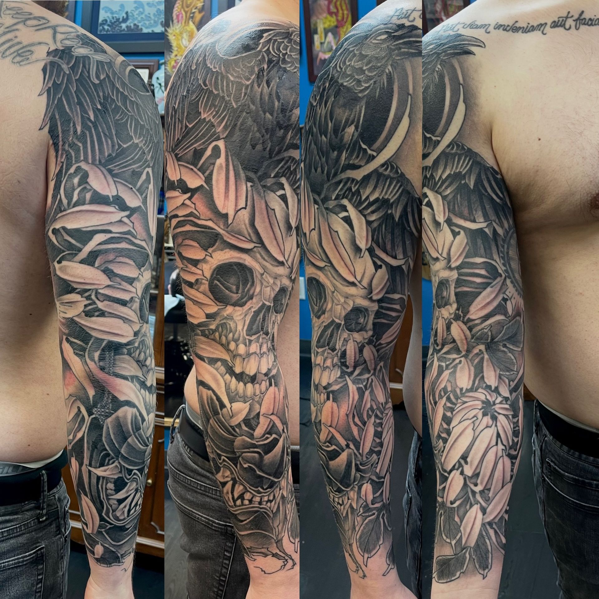 Skull, Hannya and Chrysanthemum Sleeve by Brain Dangerfield at Black Gold Tattoo Co in Edmonton Alberta Canada