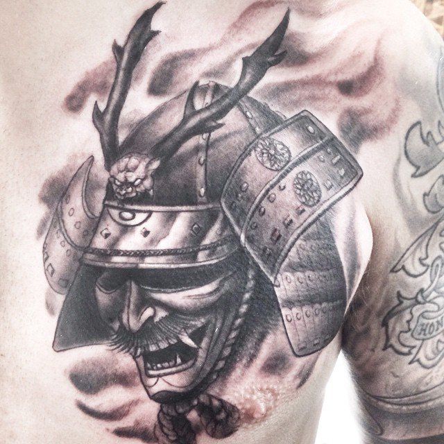 Samurai Mask Tattoo by Steve Hayes at Black Gold Tattoo Co in Edmonton Alberta Canada