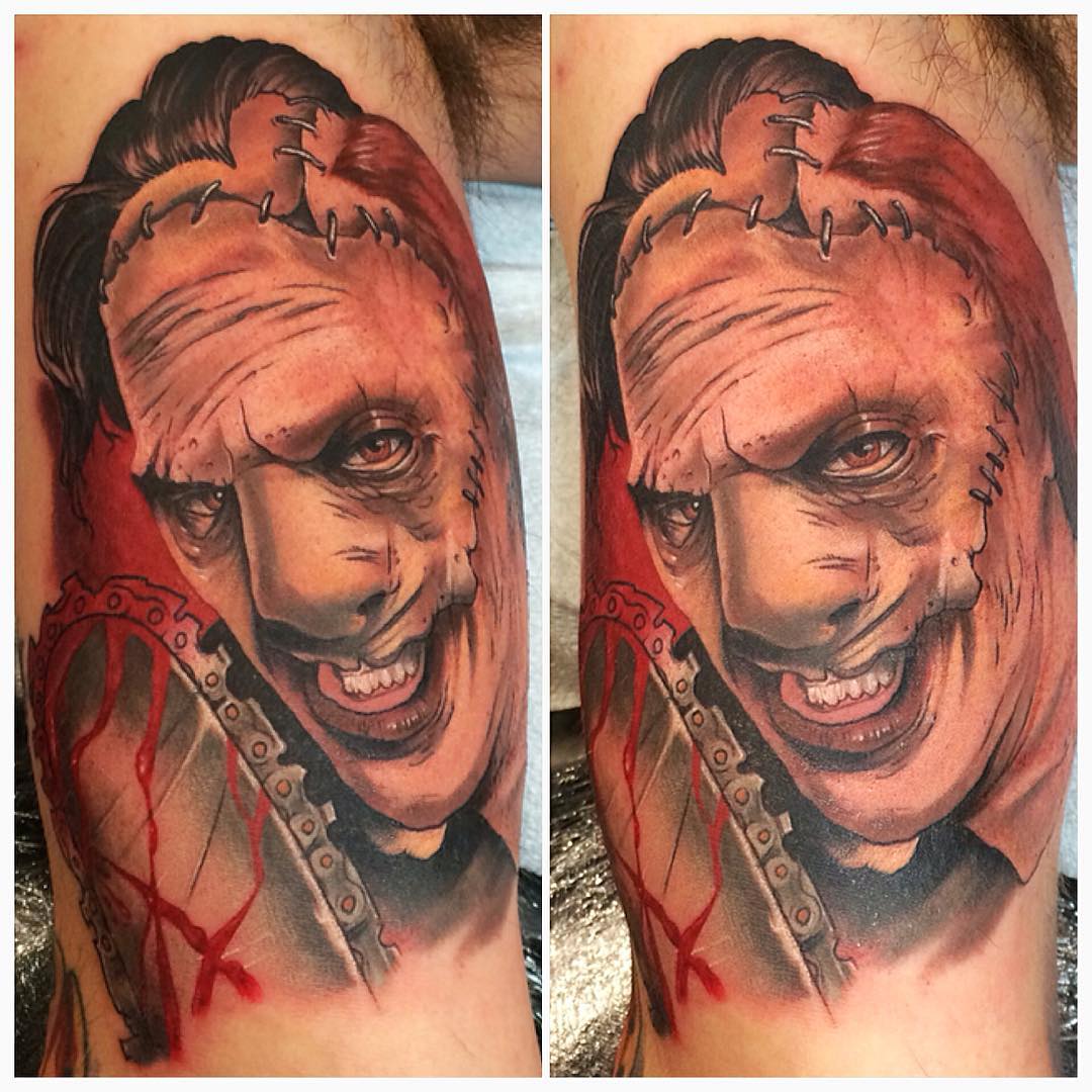 Leatherface Tattoo by Chad Lavers at Crimson Empire Tattoo in Edmonton Alberta Canada