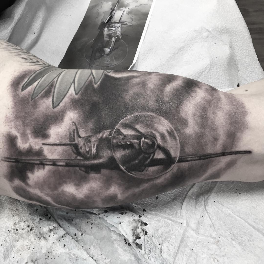 Airplane Tattoo by Steve Hayes at Black Gold Tattoo Co in Edmonton Alberta Canada