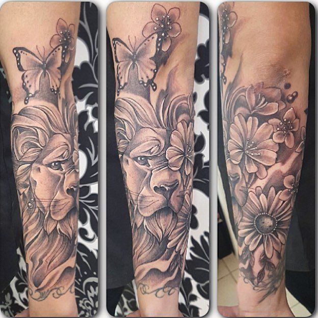 Lion Flowers and Butterfly Tattoo by Sarah Michelle at Black Gold Tattoo Co in Edmonton Alberta Canada