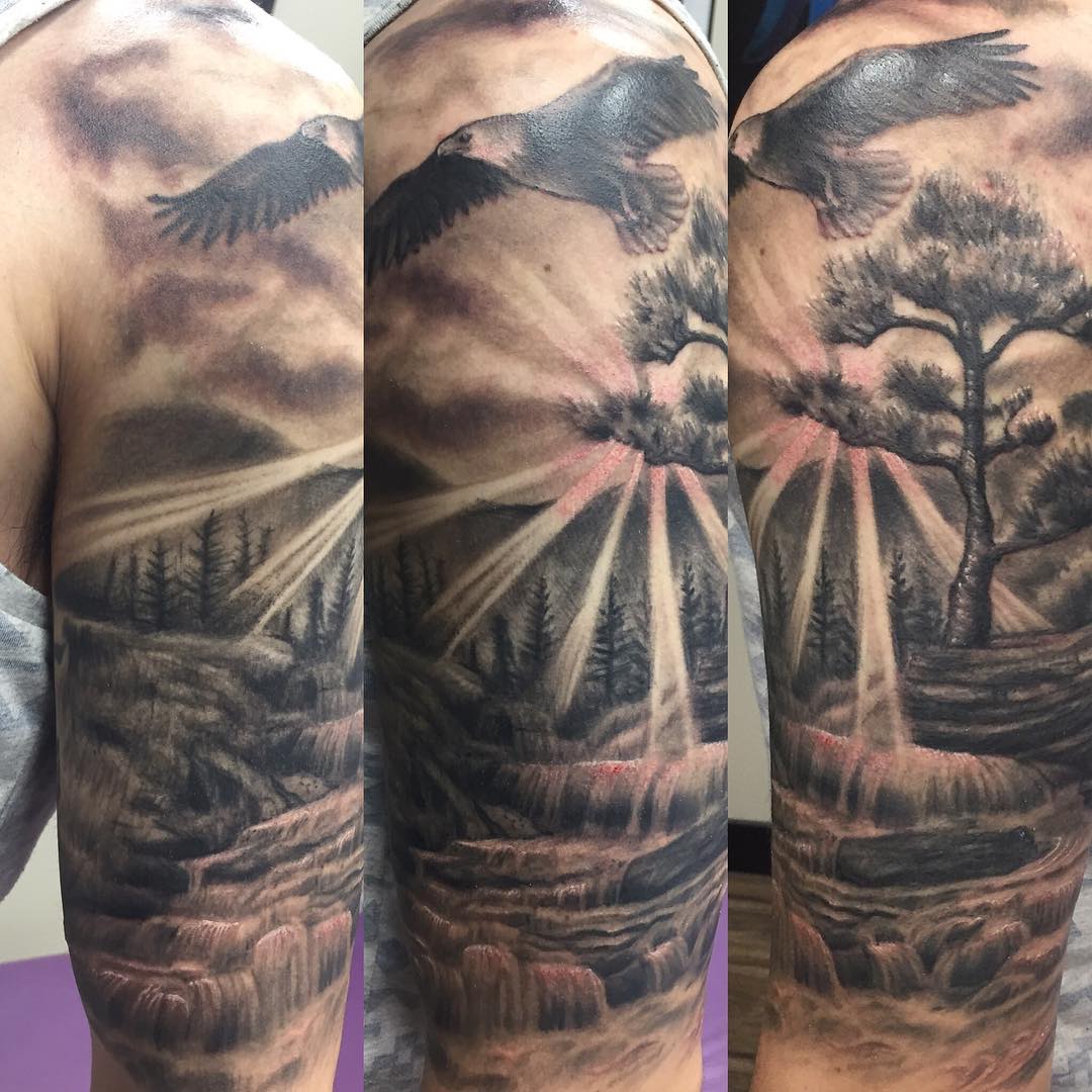 Eagle Wilderness Tattoo by Steve Hayes at Black Gold Tattoo Co in Edmonton Alberta Canada