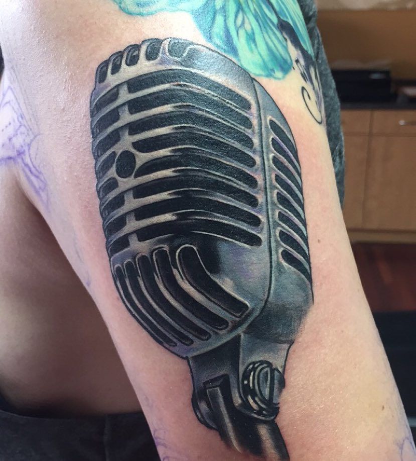 Microphone Tattoo by Amber Strange at Black Gold Tattoo Co in Edmonton Alberta Canada