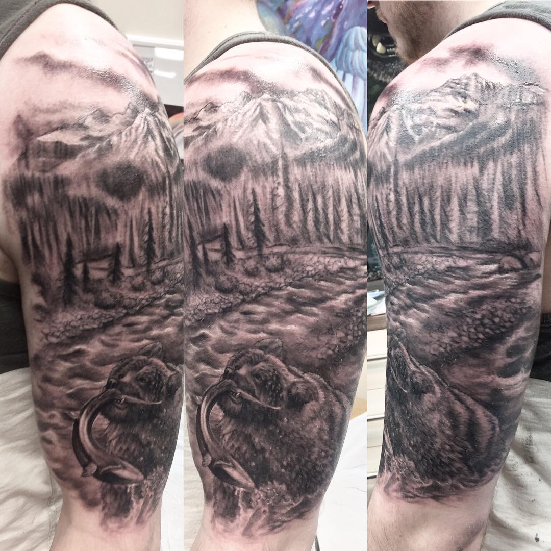 Forest and River Tattoo by Steve Hayes at Black Gold Tattoo Co in Edmonton Alberta Canada