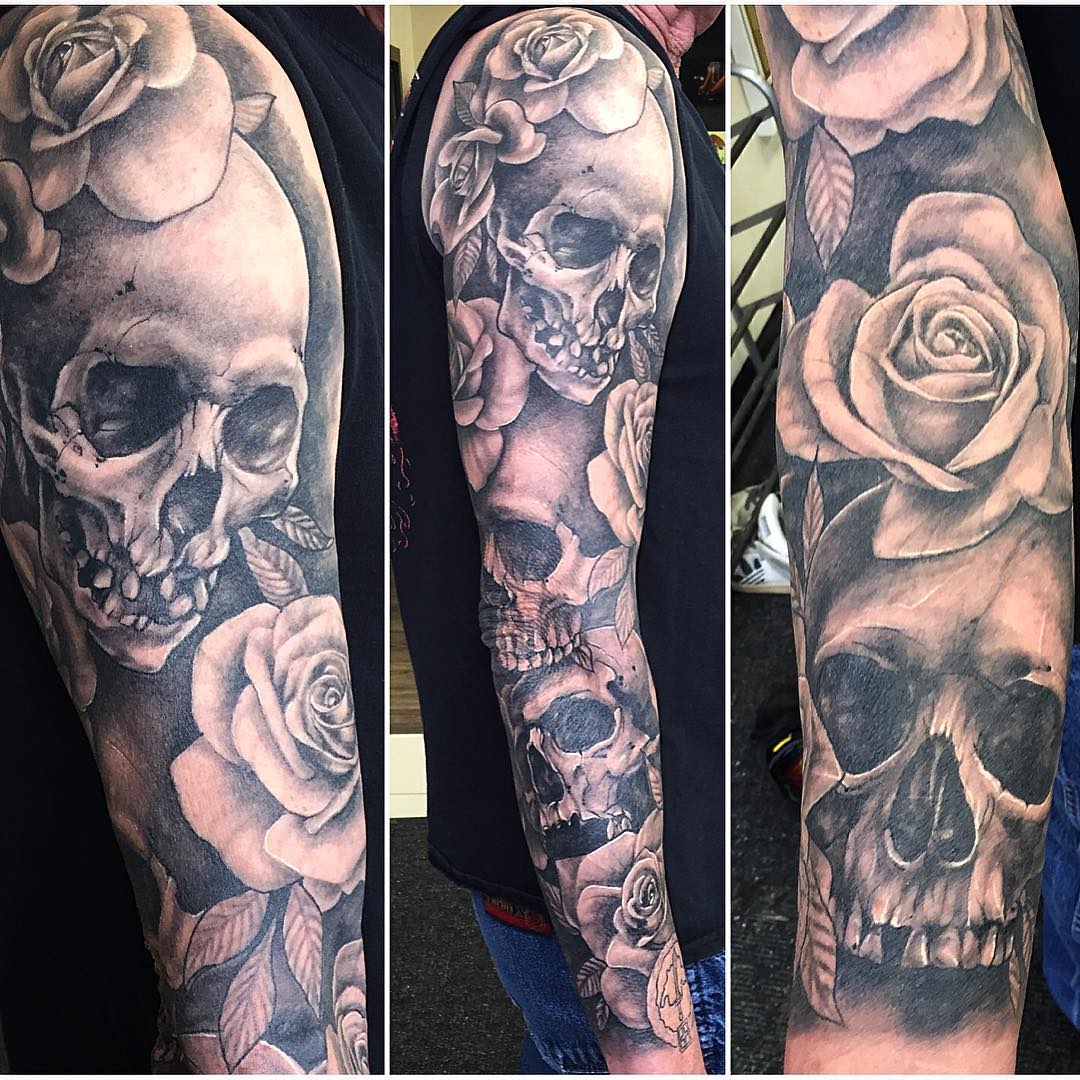 Skulls and Roses Tattoo by Sarah Michelle at Black Gold Tattoo Co in Edmonton Alberta Canada