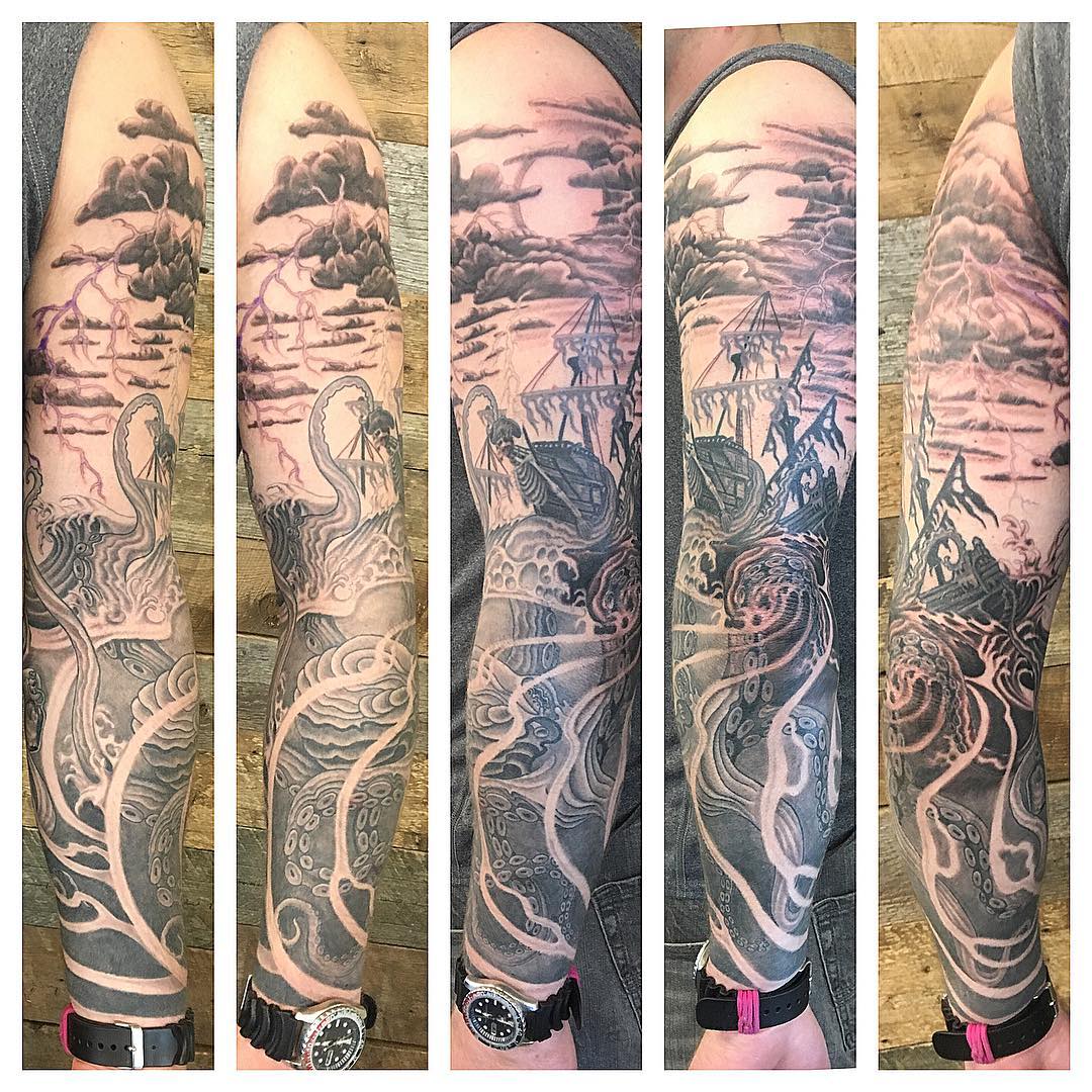 Kraken and Sinking Ship Sleeve by Dale Moostoos at Crimson Empire Tattoo in Edmonton Alberta Canada