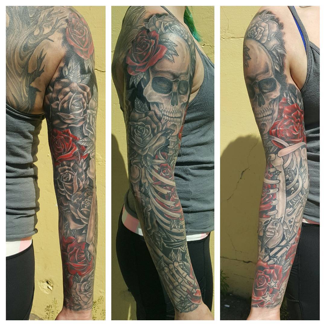 Skeleton and Roses Sleeve by Sheila Anderson at Crimson Empire Tattoo in Edmonton Alberta Canada