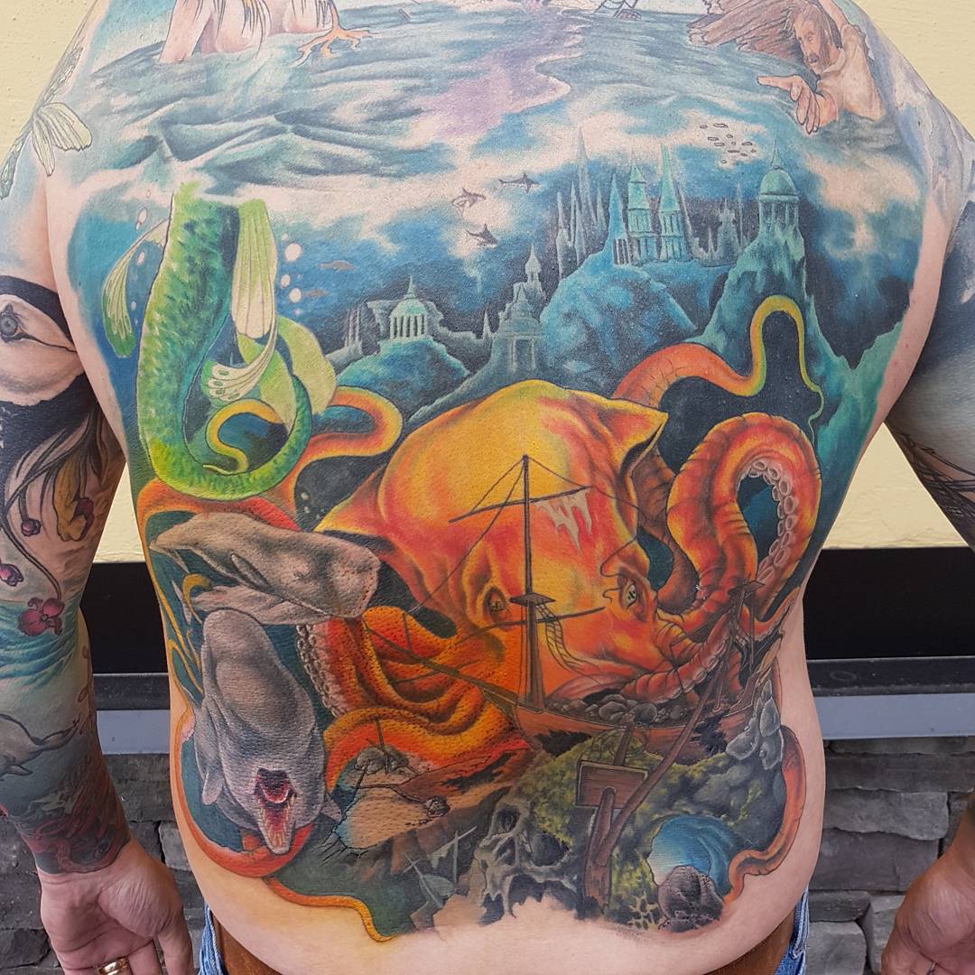 Underwater Themed Backpiece by Kevin Sherritt at Black Gold Tattoo Co in Edmonton Alberta Canada
