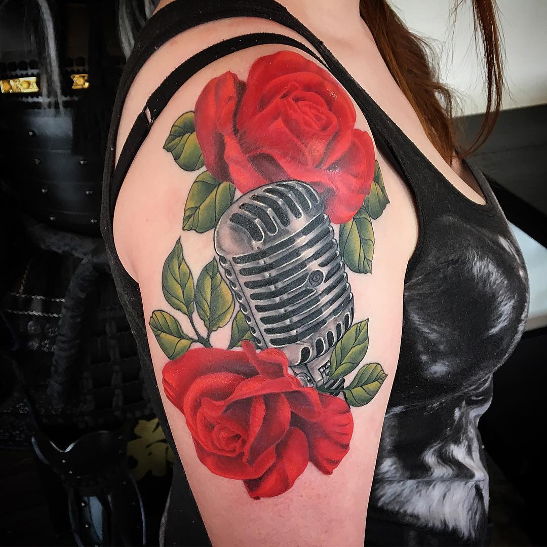 Microphone and Roses Tattoo by Dale Moostoos at Crimson Empire Tattoo in Edmonton Alberta Canada