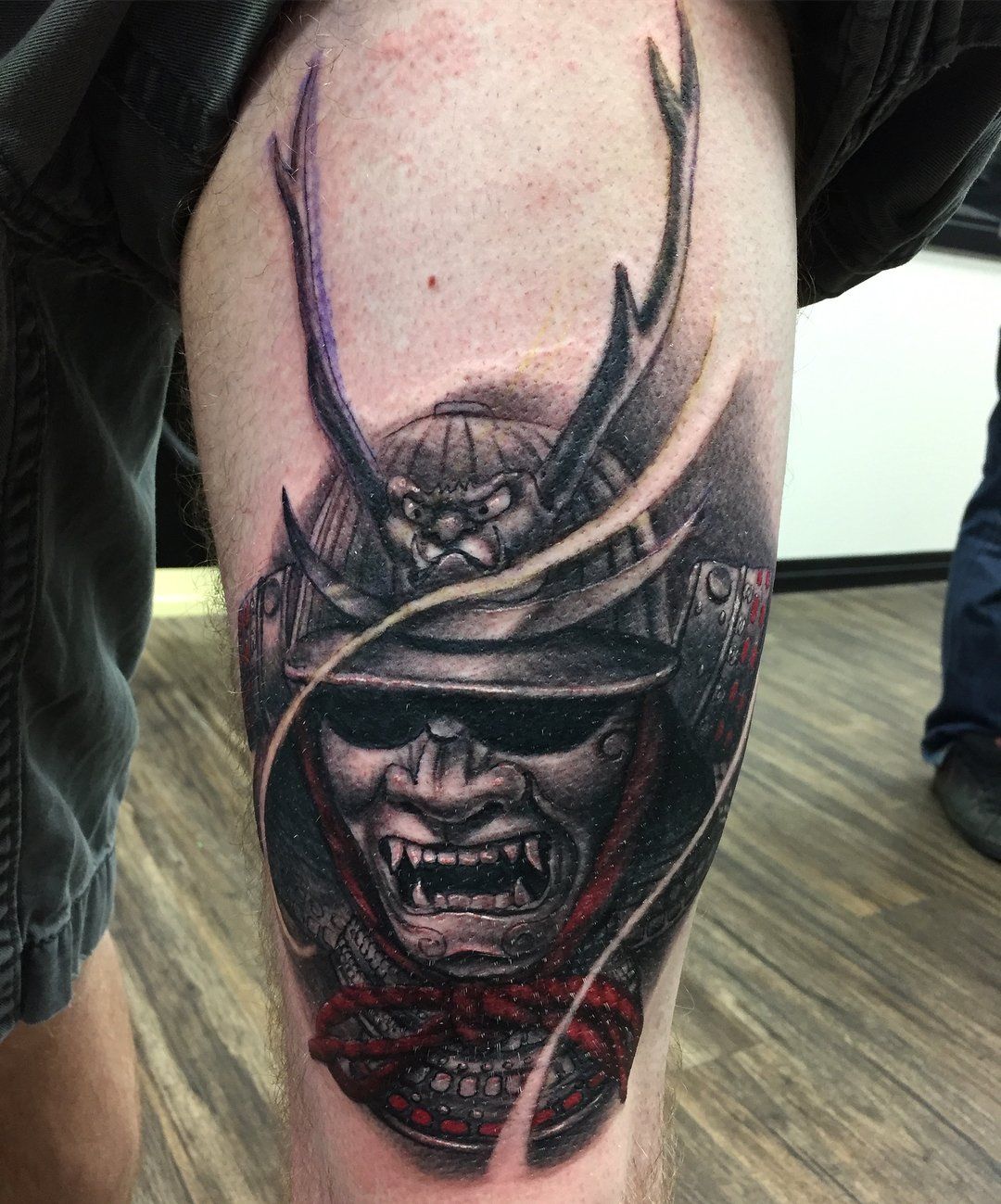 Samurai Mask Tattoo by Steve Hayes at Black Gold Tattoo Co in Edmonton Alberta Canada