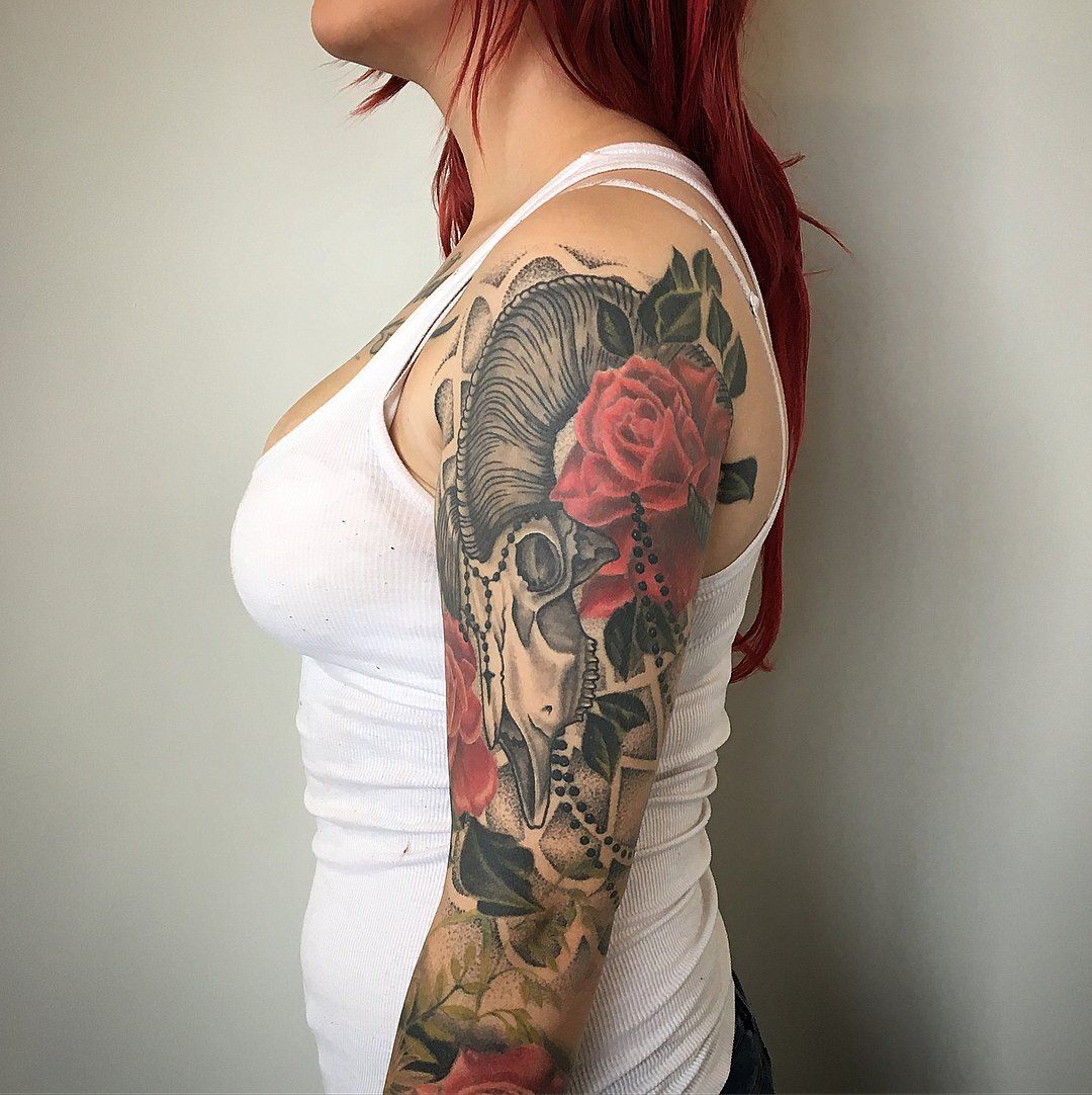 Ram Skull and Floral Sleeve by Dale Moostoos at Crimson Empire Tattoo in Edmonton Alberta Canada