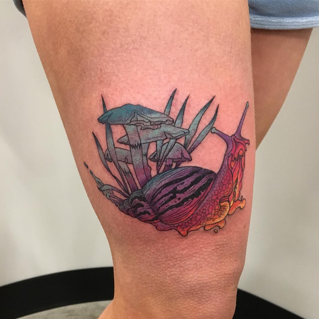 Snail and Mushroom Tattoo by Dale Moostoos at Crimson Empire Tattoo in Edmonton Alberta Canada