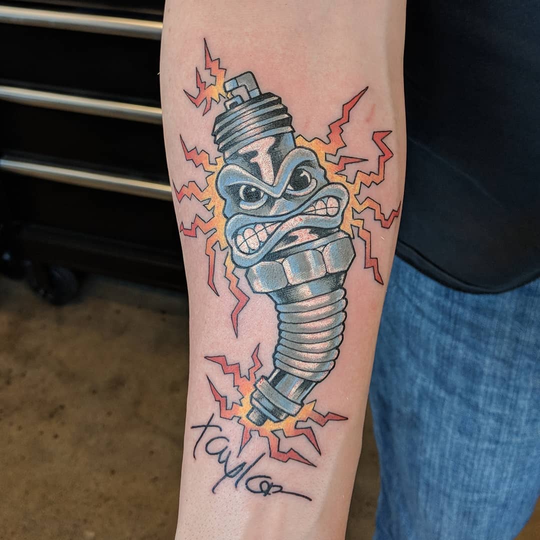 Spark Plug Tattoo by Sheila Anderson at Crimson Empire Tattoo in Edmonton Alberta Canada