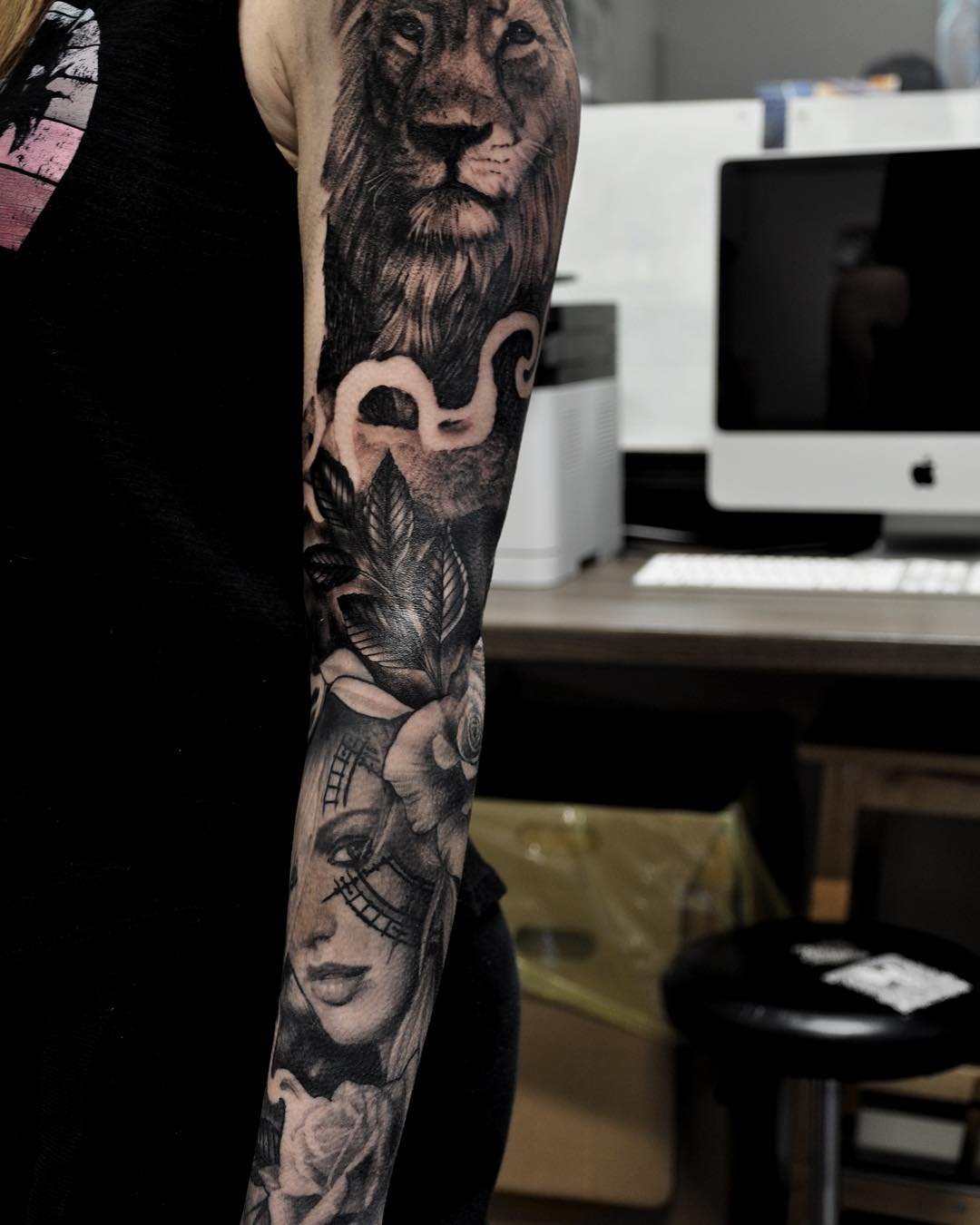 Lion Roses and Girl Portrait Sleeve by Alan Coates at Black Gold Tattoo Co in Edmonton Alberta Canada