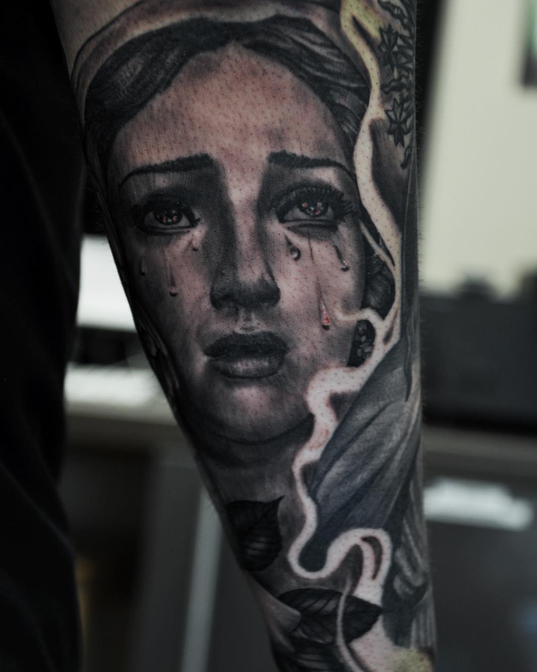 Mary Portrait Tattoo by Alan Coates at Black Gold Tattoo Co in Edmonton Alberta Canada