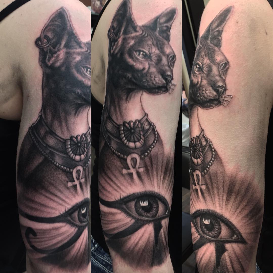 Sphynx Cat Tattoo by Steve Hayes at Black Gold Tattoo Co in Edmonton Alberta Canada