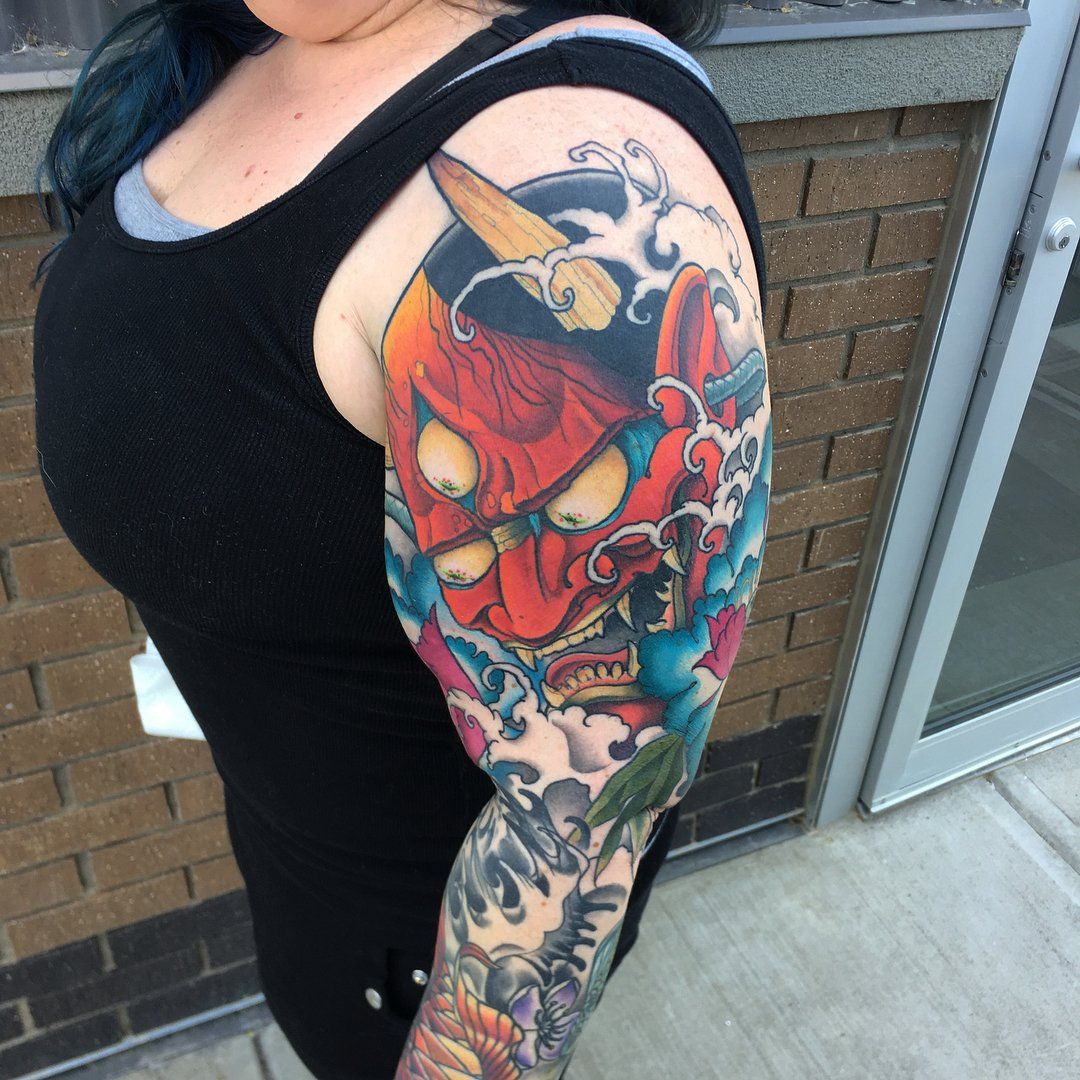 Hannya Mask Sleeve by Curt Semeniuk at Crimson Empire Tattoo in Edmonton Alberta Canada
