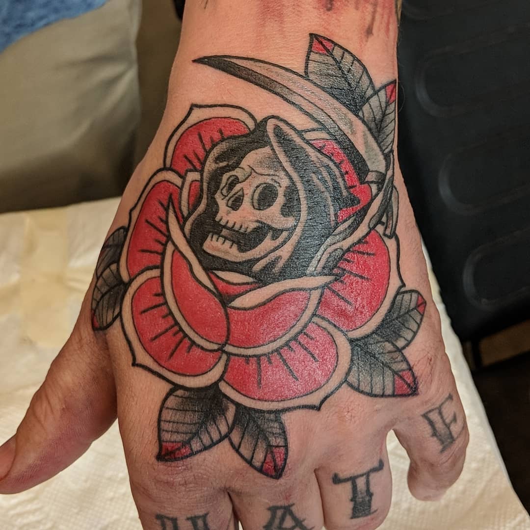 Rose and Grim Reaper Tattoo by Sheila Anderson at Crimson Empire Tattoo in Edmonton Alberta Canada