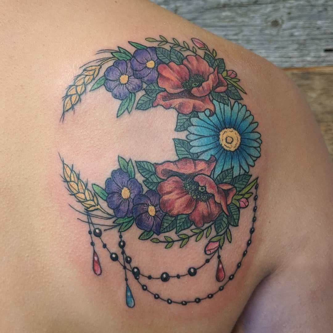 Floral Moon Tattoo by Sheila Anderson at Crimson Empire Tattoo in Edmonton Alberta Canada