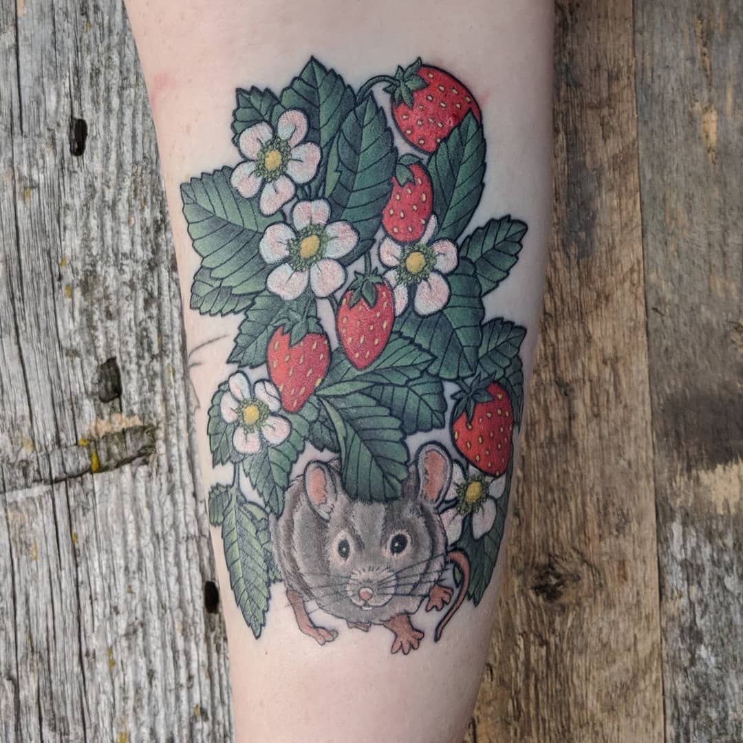 Mouse and Strawberry Tattoo by Sheila Anderson at Crimson Empire Tattoo in Edmonton Alberta Canada