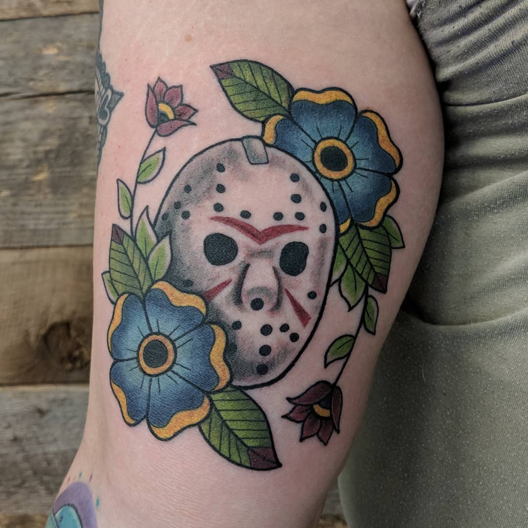 Jason Mask Tattoo by Sheila Anderson at Crimson Empire Tattoo in Edmonton Alberta Canada