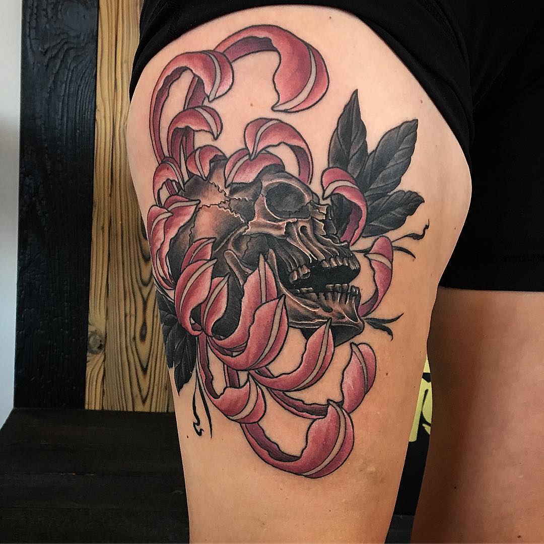 Skull and Chrysanthemum Tattoo by Dale Moostoos at Crimson Empire Tattoo in Edmonton Alberta Canada