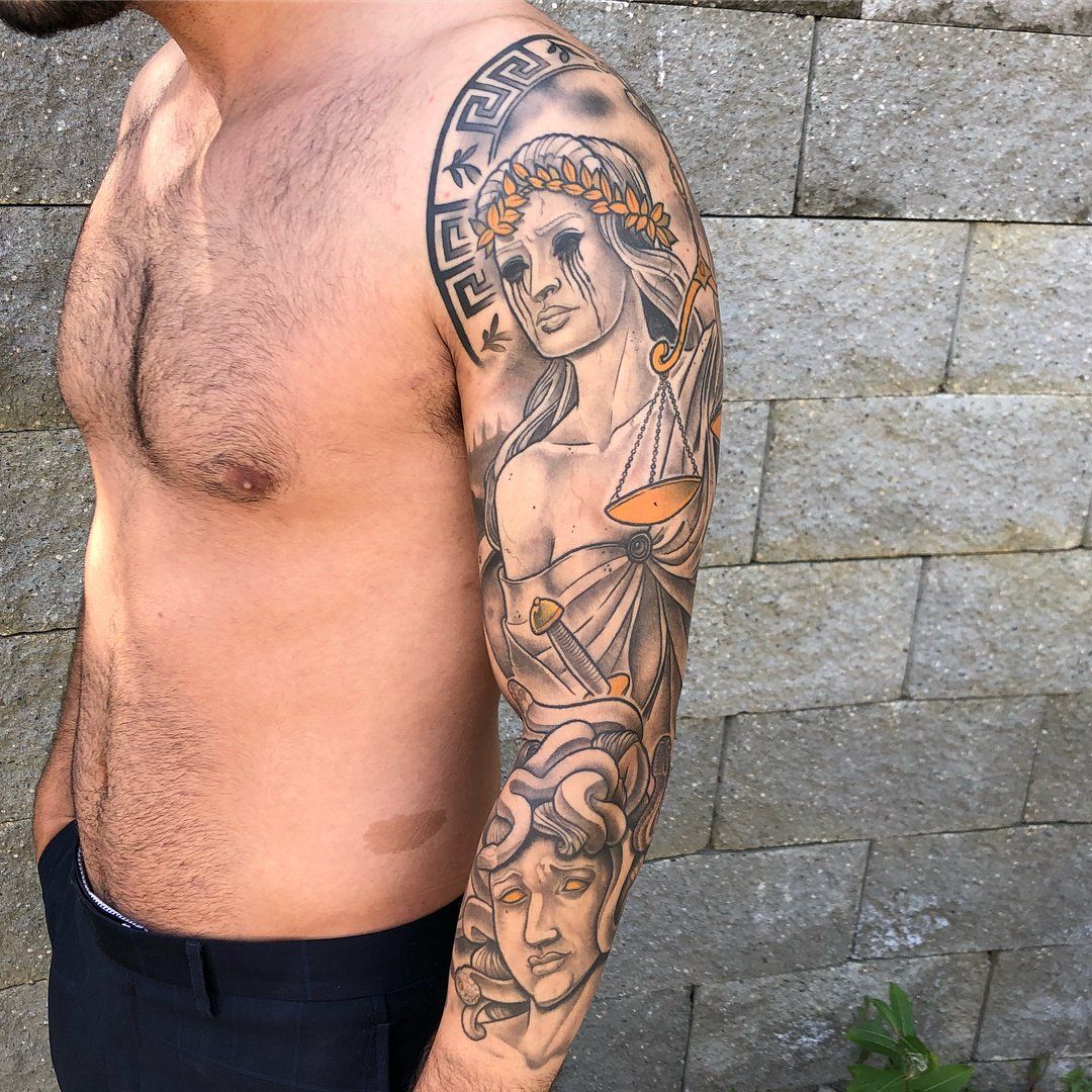 Lady Justice and Medusa Sleeve by Curt Semeniuk at Crimson Empire Tattoo in Edmonton Alberta Canada