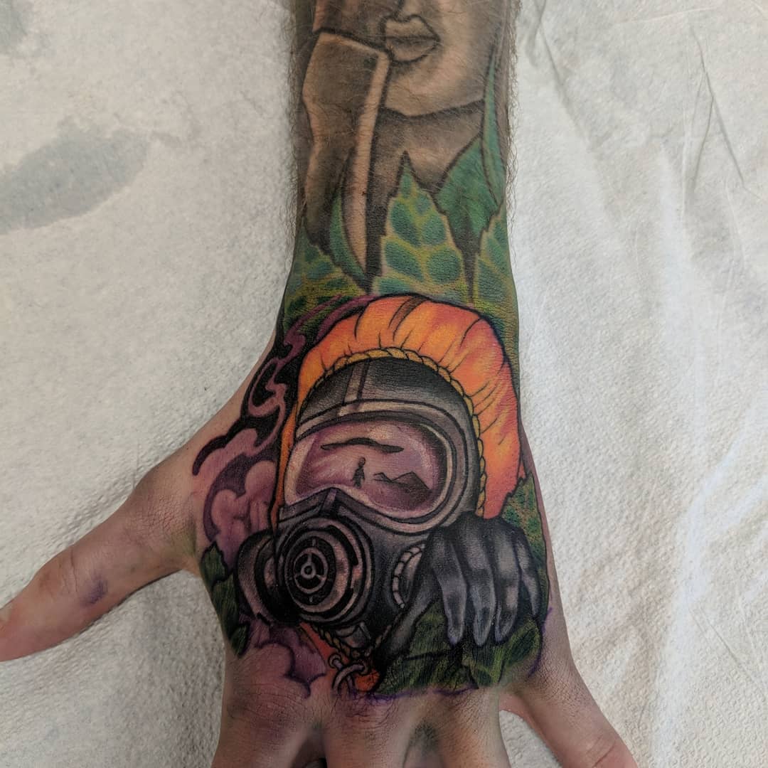 Gas Mask Tattoo by Kevin Sherritt at Black Gold Tattoo Co in Edmonton Alberta Canada