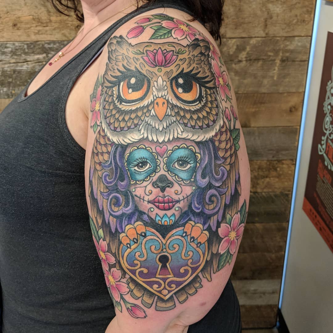 Owl and Day of the Dead Tattoo by Sheila Anderson at Crimson Empire Tattoo in Edmonton Alberta Canada