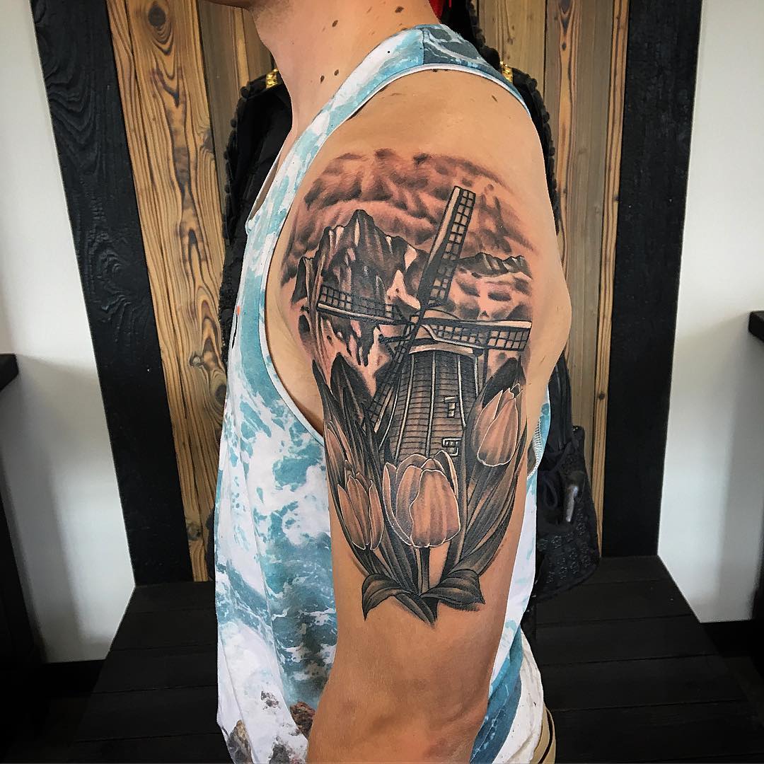 Windmill Tattoo by Dale Moostoos at Crimson Empire Tattoo in Edmonton Alberta Canada