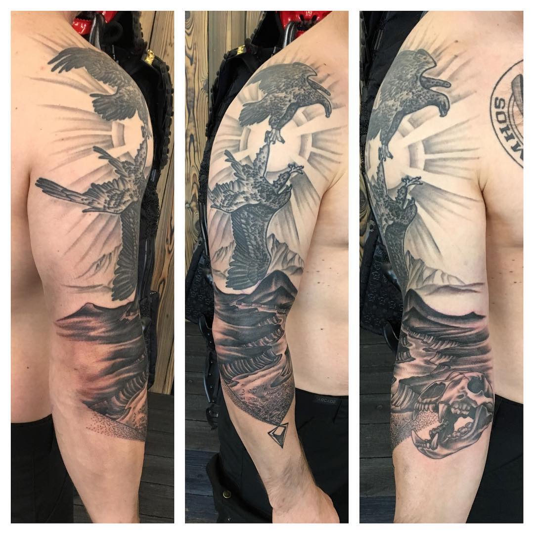 Eagles and Mountain Scenery Tattoo by Dale Moostoos at Crimson Empire Tattoo in Edmonton Alberta Canada