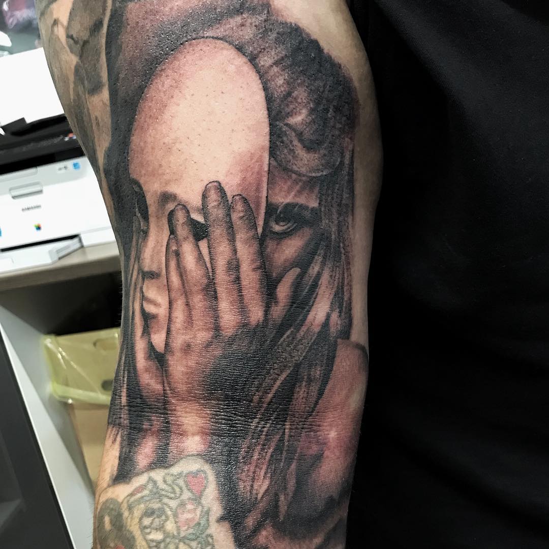 Girl with Mask Portrait Tattoo by Alan Coates at Black Gold Tattoo Co in Edmonton Alberta Canada