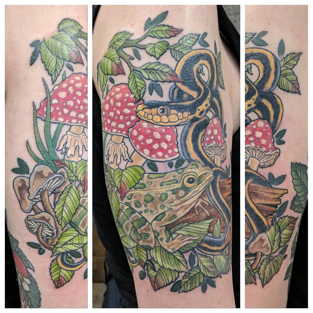 Frog, Snake and Mushroom Tattoo by Sheila Anderson at Crimson Empire Tattoo in Edmonton Alberta Canada