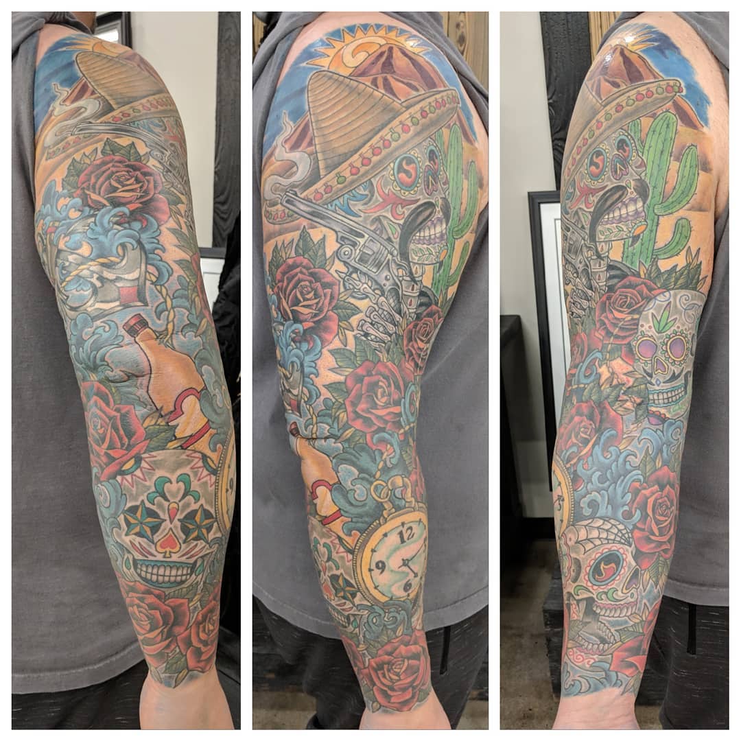 Day of the Dead Sleeve by Sheila Anderson at Crimson Empire Tattoo in Edmonton Alberta Canada