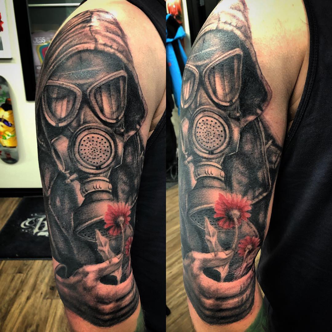 Gas Mask Tattoo by Steve Hayes at Black Gold Tattoo Co in Edmonton Alberta Canada