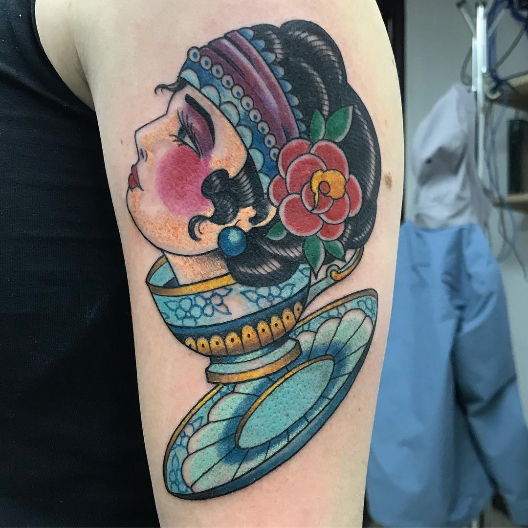 Lady and Teacup Tattoo by Trevor Pelletier at Black Gold Tattoo Co in Edmonton Alberta Canada