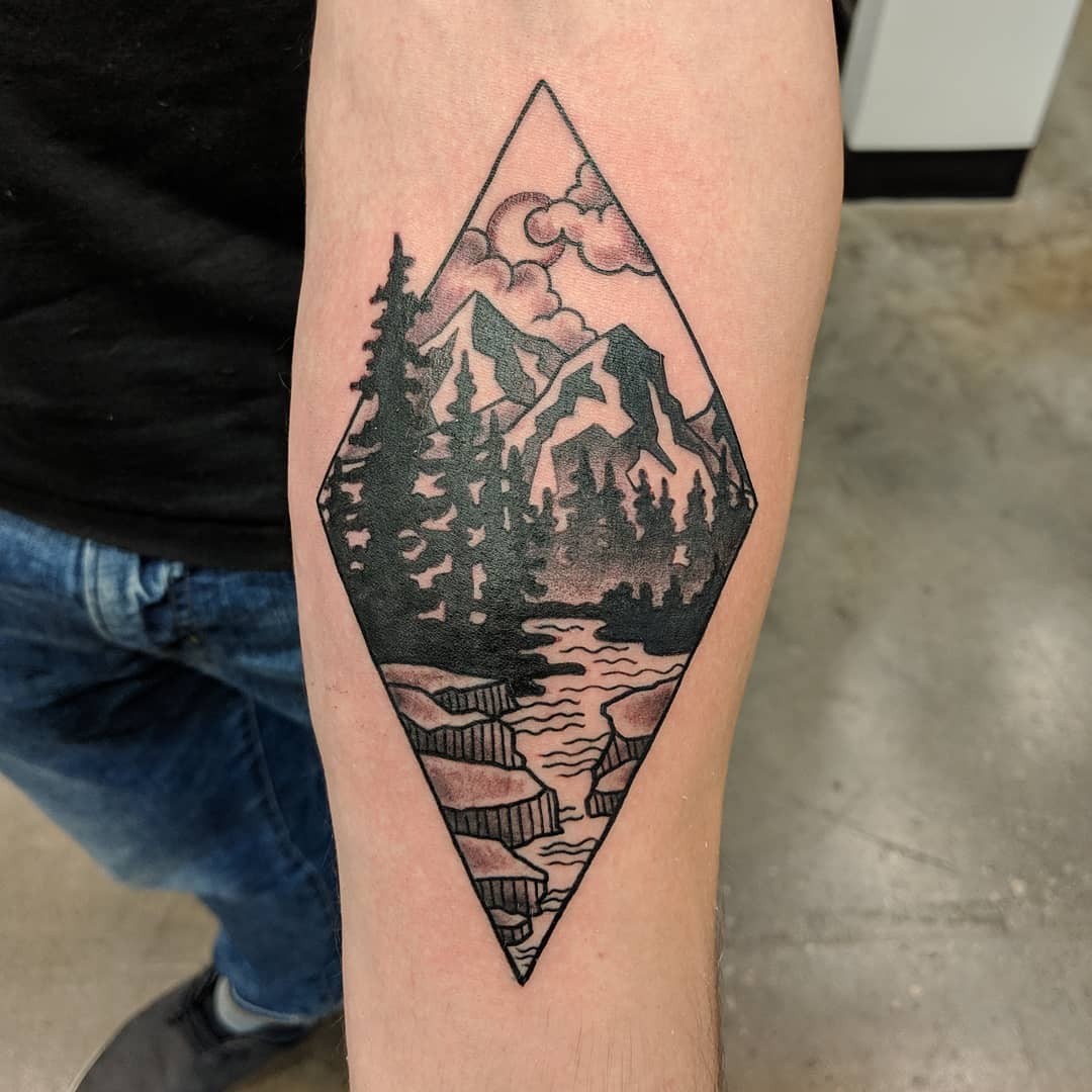 Mountain Scenery Tattoo by Sheila Anderson at Crimson Empire Tattoo in Edmonton Alberta Canada