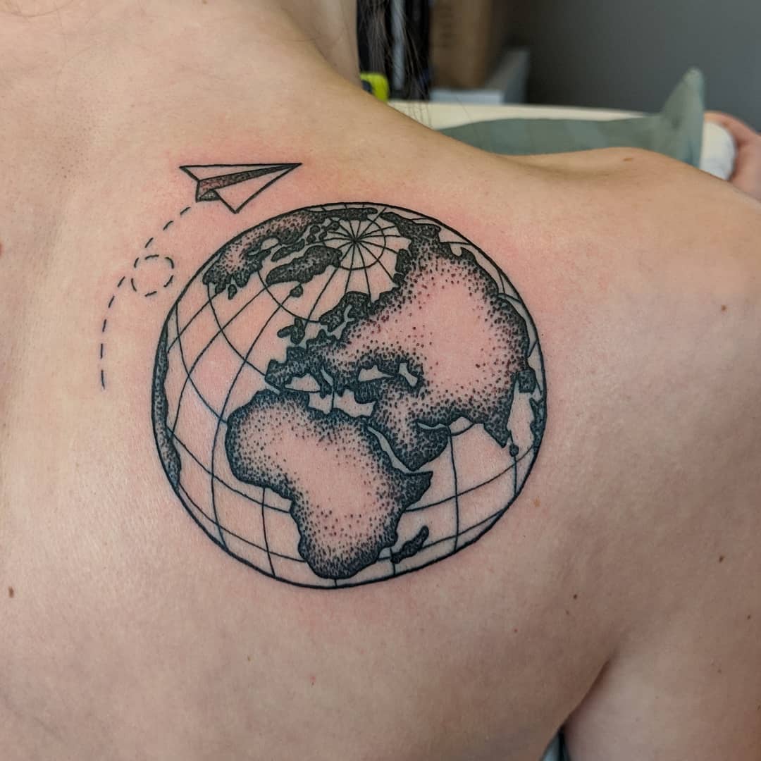 Globe Tattoo by Sheila Anderson at Crimson Empire Tattoo in Edmonton Alberta Canada