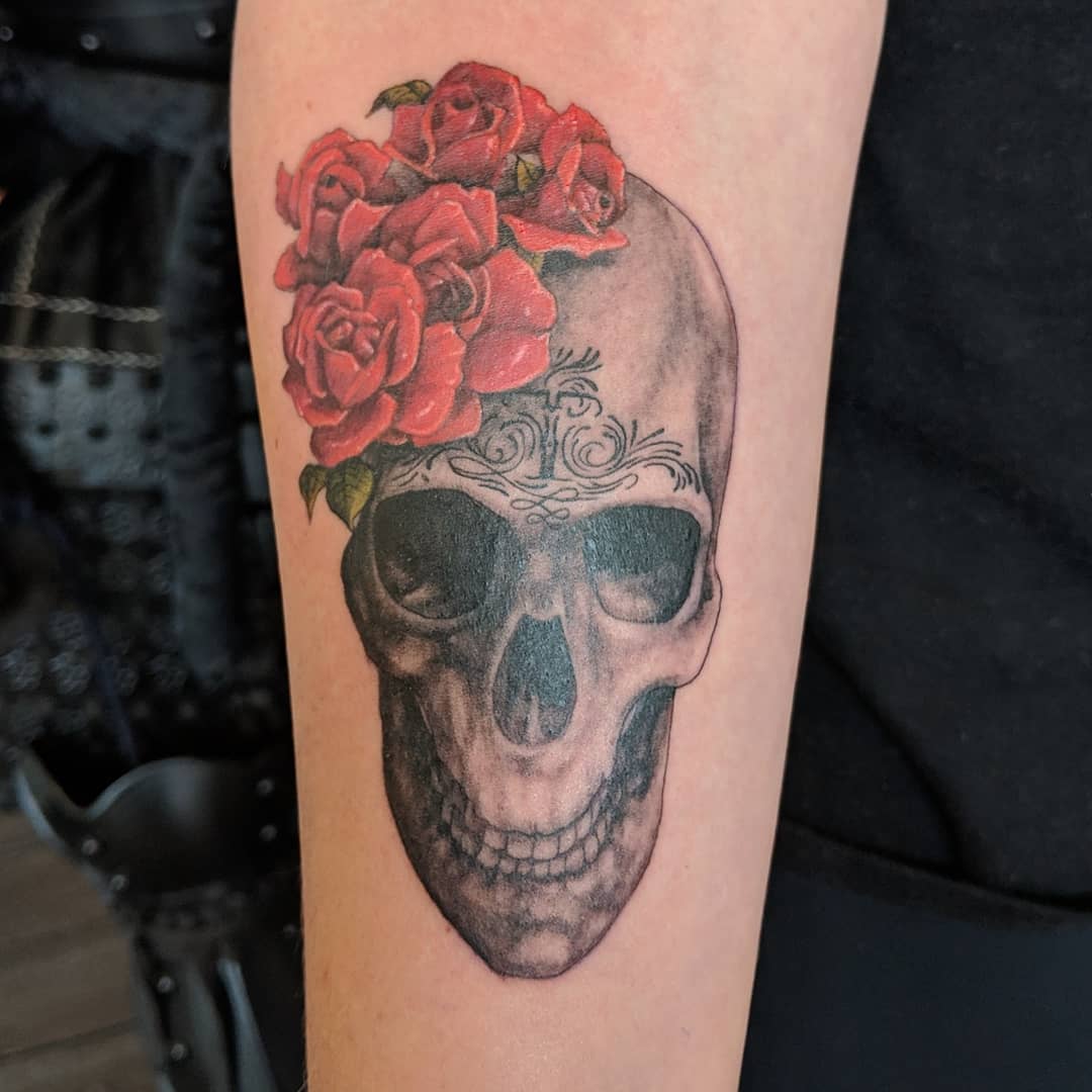 Skull and Roses Tattoo by Kevin Sherritt at Black Gold Tattoo Co in Edmonton Alberta Canada