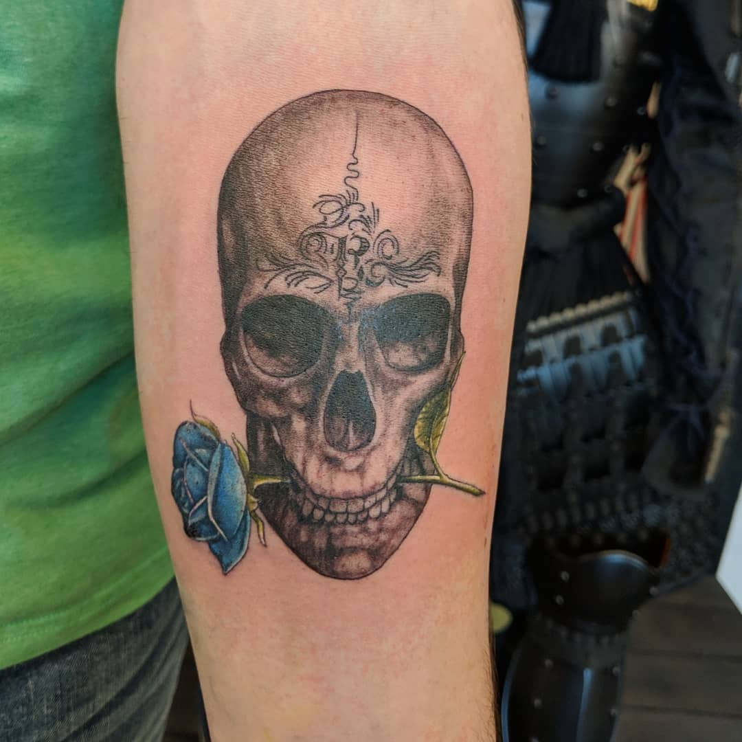 Skull and Rose Tattoo by Kevin Sherritt at Black Gold Tattoo Co in Edmonton Alberta Canada