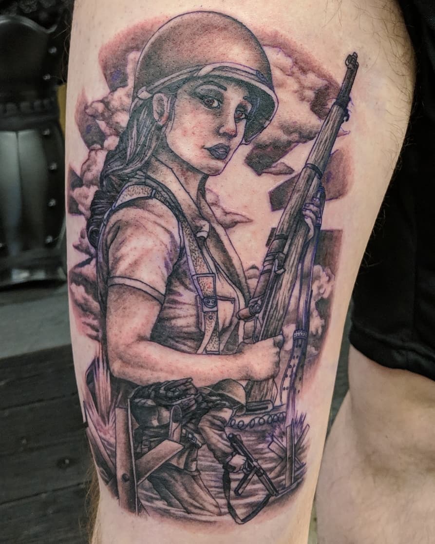 Lady Soldier Tattoo by Kevin Sherritt at Black Gold Tattoo Co in Edmonton Alberta Canada