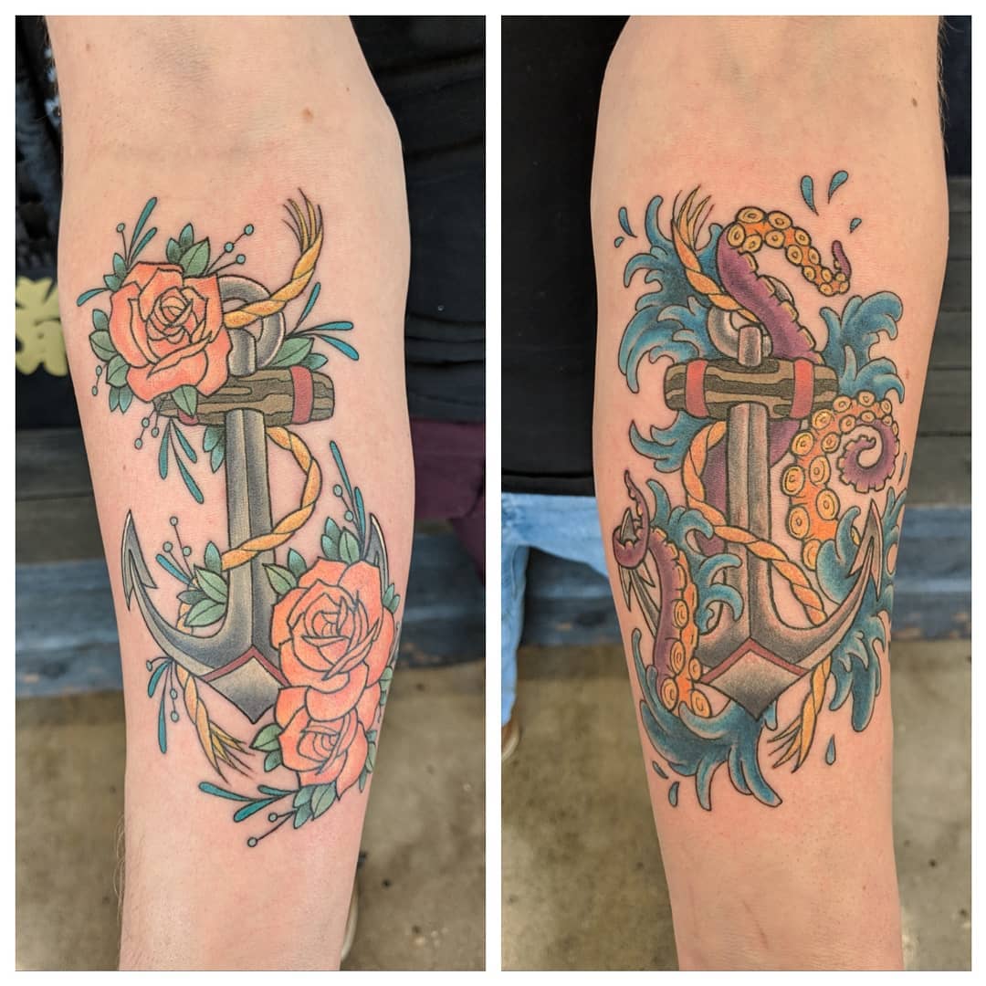Anchor and Floral Tattoo by Sheila Anderson at Crimson Empire Tattoo in Edmonton Alberta Canada