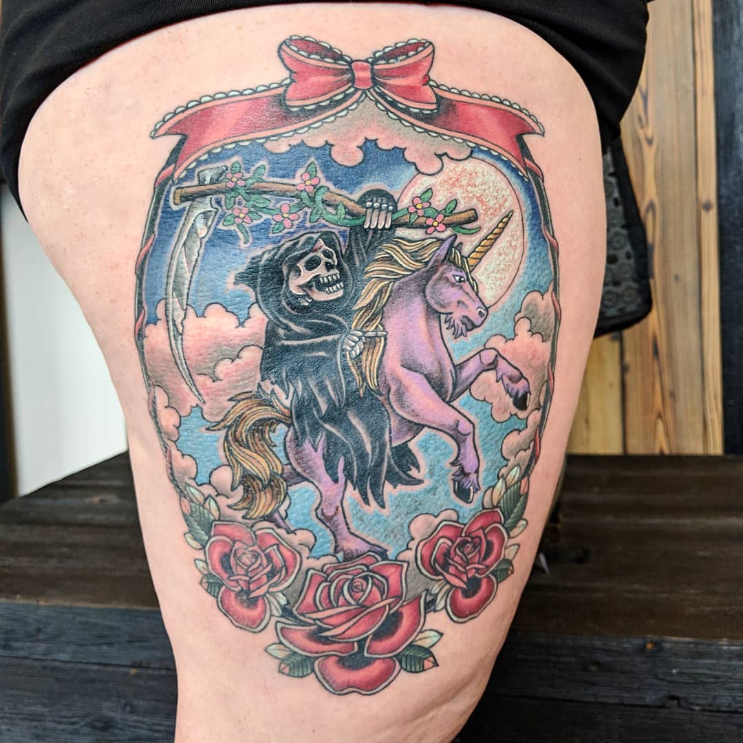 Grim Reaper on a Unicorn Tattoo by Sheila Anderson at Crimson Empire Tattoo in Edmonton Alberta Canada