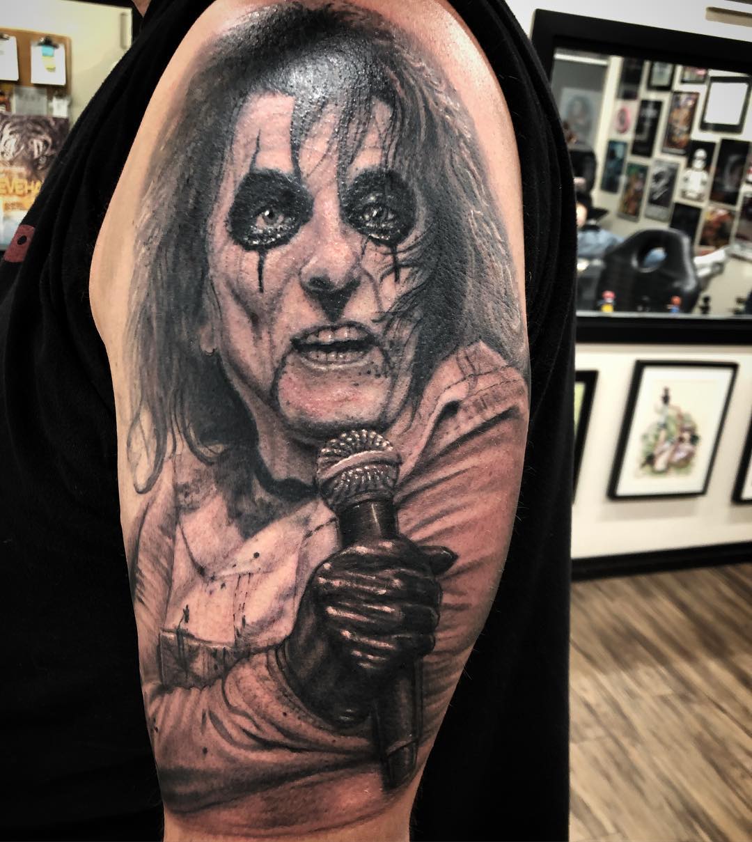 Alice Cooper Portrait Tattoo by Steve Hayes at Black Gold Tattoo Co in Edmonton Alberta Canada